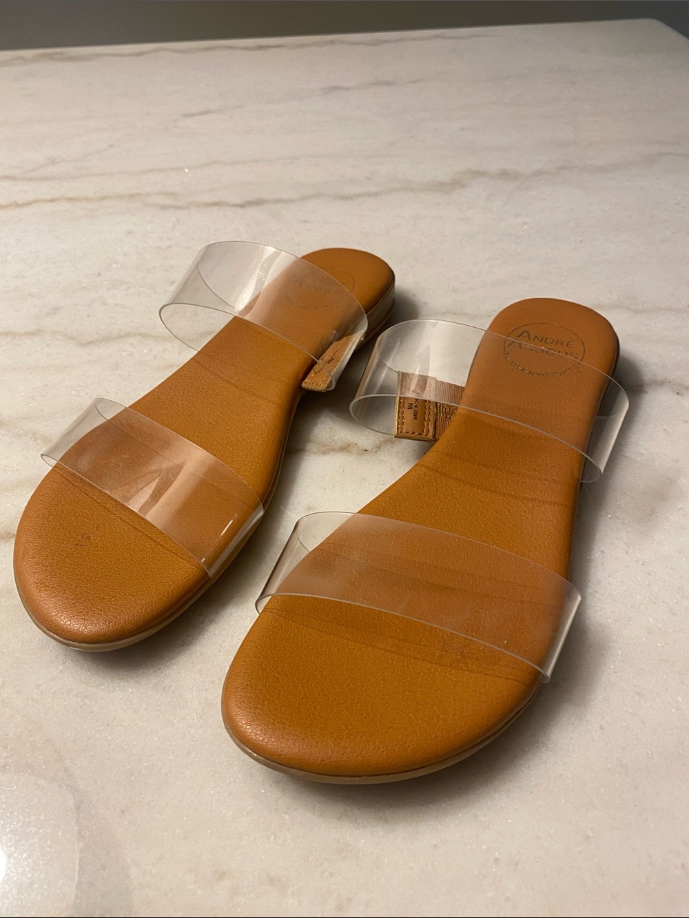 Andre Assous Transparent Strap Tan Slide Sandals size 8